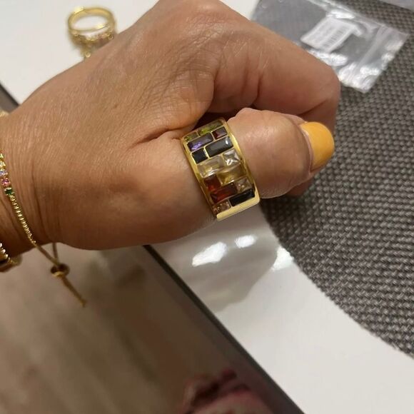 18K Gold Luxury Multicolor Wide Ring Size 6, 7, 8 Rainbow - Picture 4 of 5